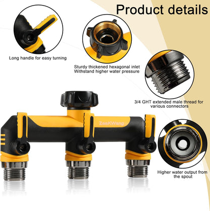 Garden Hose Splitter 2 Way, Heavy Duty Water Hose Spigot Bib Splitter, Outdoor Faucet Splitter with Shutoff Valve, T Adapter Connector with 3/4 - Inch GHT Thread (Grey)