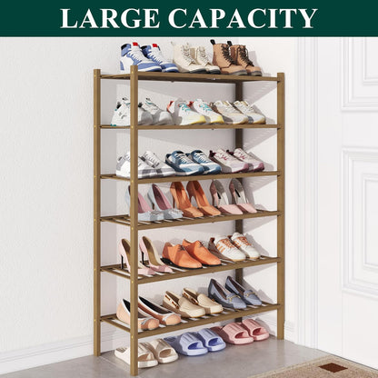 Smiry Bamboo Shoe Rack for Closet, 3 Tier Wooden Shoe Organizer, Stackable Wood Shoe Storage Shelf for Entryway, 14 Vertical Slats, One-piece Heavy-Duty Legs, 26.77"x11.02"x18.31", Natural