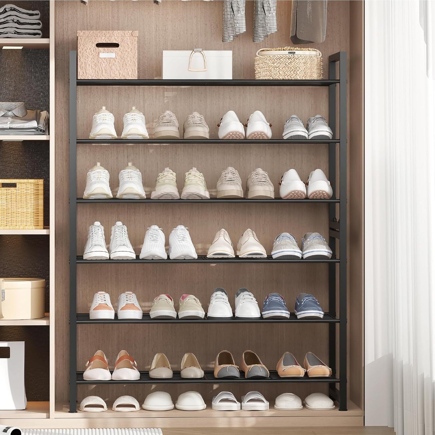 Stackable Shoe Rack, 6 Tier Metal Shoes Rack Storage Organizer,Large Capacity Shoe Shelf Max Holds 30 Pairs of Shoes,Sturdy and Stable, for Closet, Entryway,Garage，Black