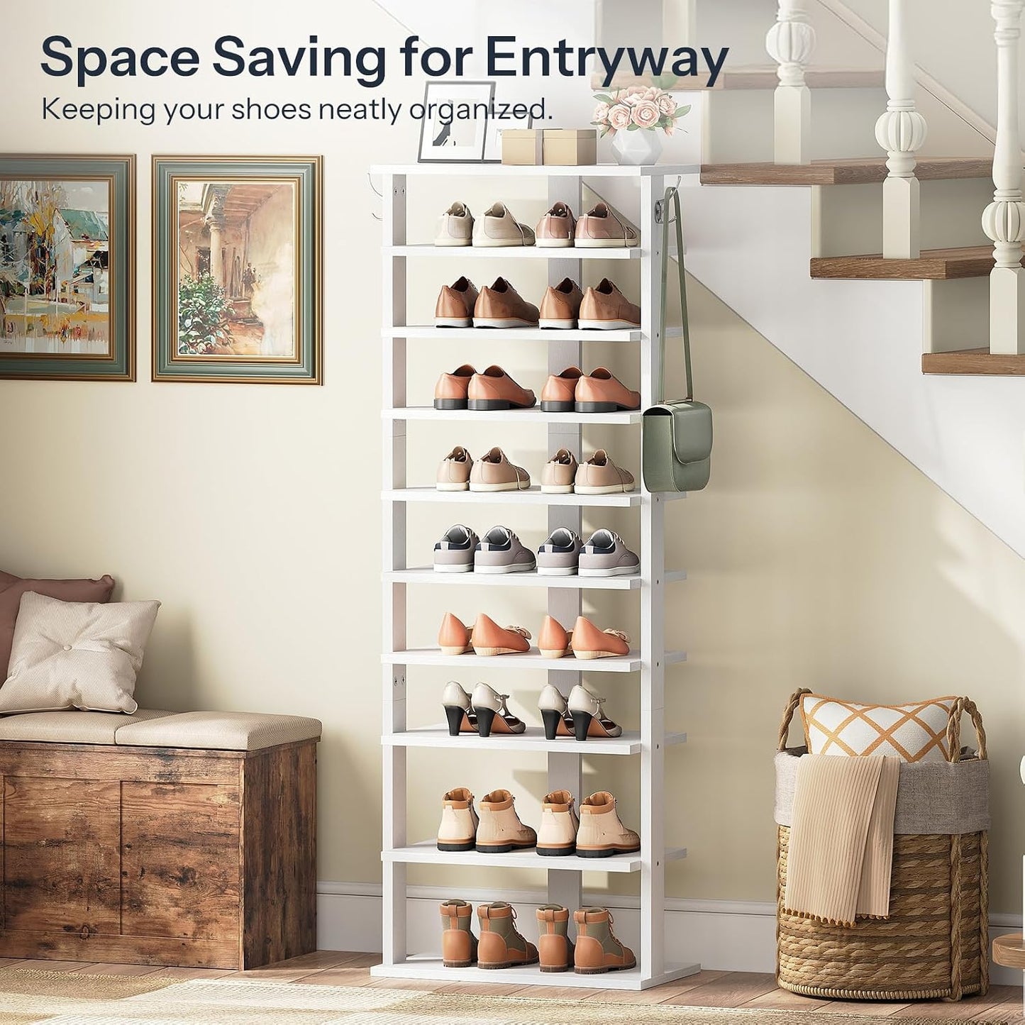 HOOBRO 8 Tiers Vertical Shoe Rack, Wooden Shoe Storage Organizer with Hooks, Narrow Shoe Tower for 8 Pairs, Space Saving, for Entryway, Living Room, Bedroom, Rustic Brown BF07XJ01G1