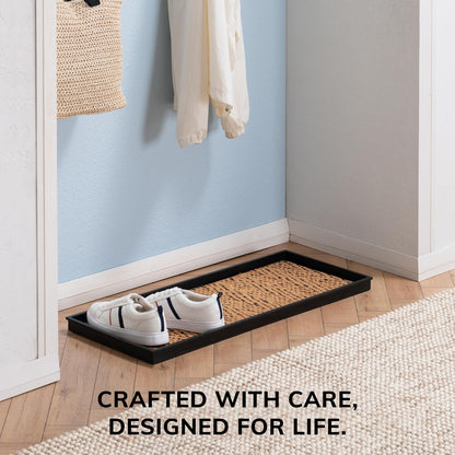 Anji Mountain Heavy Duty Waterproof Rubber Shoe Storage Mat Organizer/Boot Storage Tray Multi Use For Entryway with Coir, Tan and Khaki Insert , Fits 4 Pair (46.5" Wide)