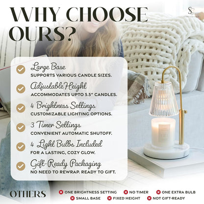 Flameless Candle Warmer Lamp for Jar Candles Large & Small – Dimmable Lamp Candle Warmer Electric with Large Marble Base & Adjustable Height – Candle Melter with Timer and 4 Halogen Light Bulbs