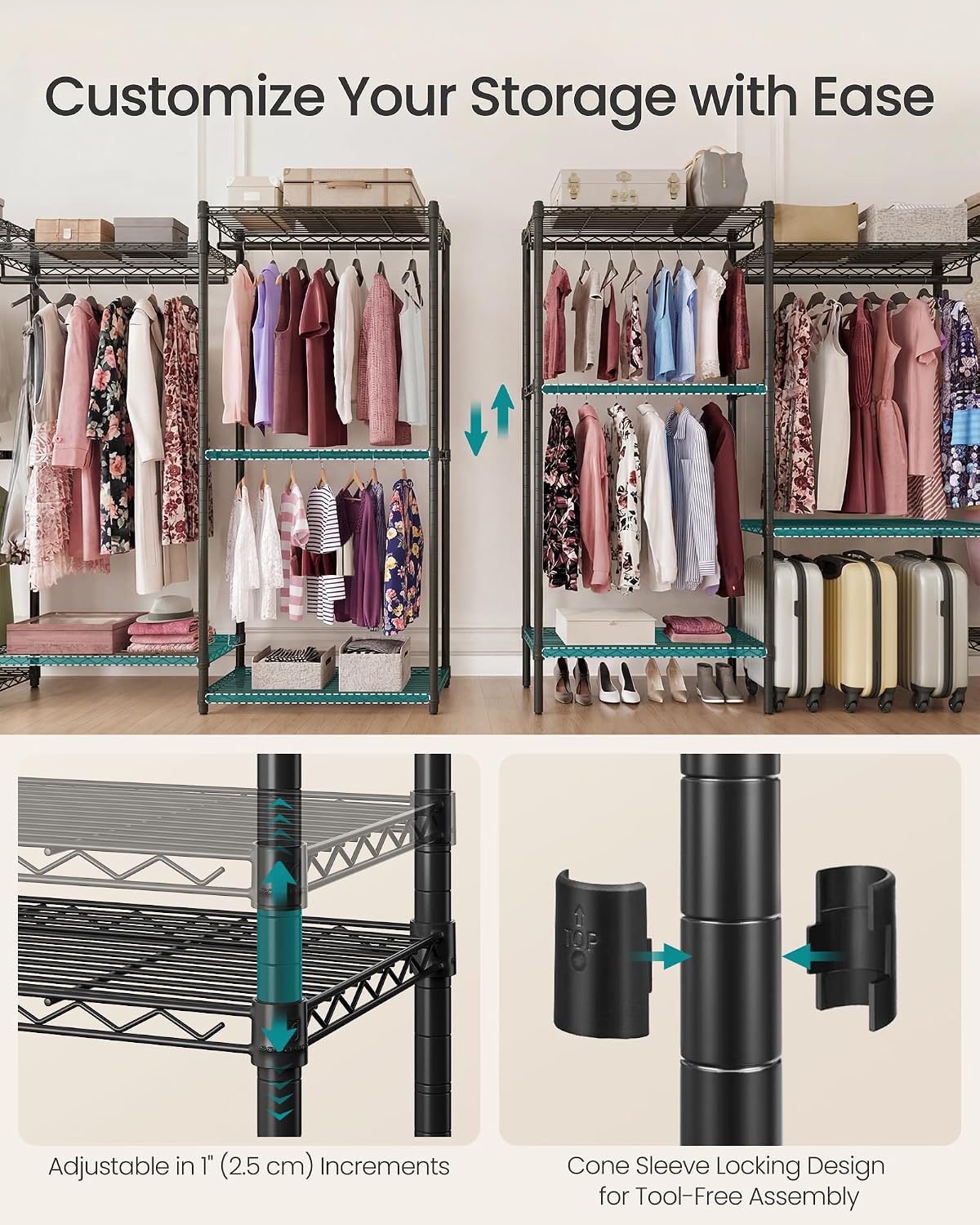 SONGMICS Heavy-Duty Clothes Rack, Garment Rack, Portable Closet, 68.7-Inch Wide Clothing Rack with Adjustable Mesh Shelves and Hanging Rails, Ink Black ULGR433B01