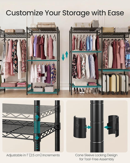 SONGMICS Heavy-Duty Clothes Rack, Garment Rack, Portable Closet, 68.7-Inch Wide Clothing Rack with Adjustable Mesh Shelves and Hanging Rails, Ink Black ULGR433B01