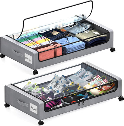 Under Bed Storage with Wheels, 2 Pack Under Bed Storage Containers with Clear Lids, XXL 65L Under Bed Storage Organizer, Rolling Under Bed Metal Drawer for Blanket, Clothes, Shoes (31 x 17 x 6.69 in)