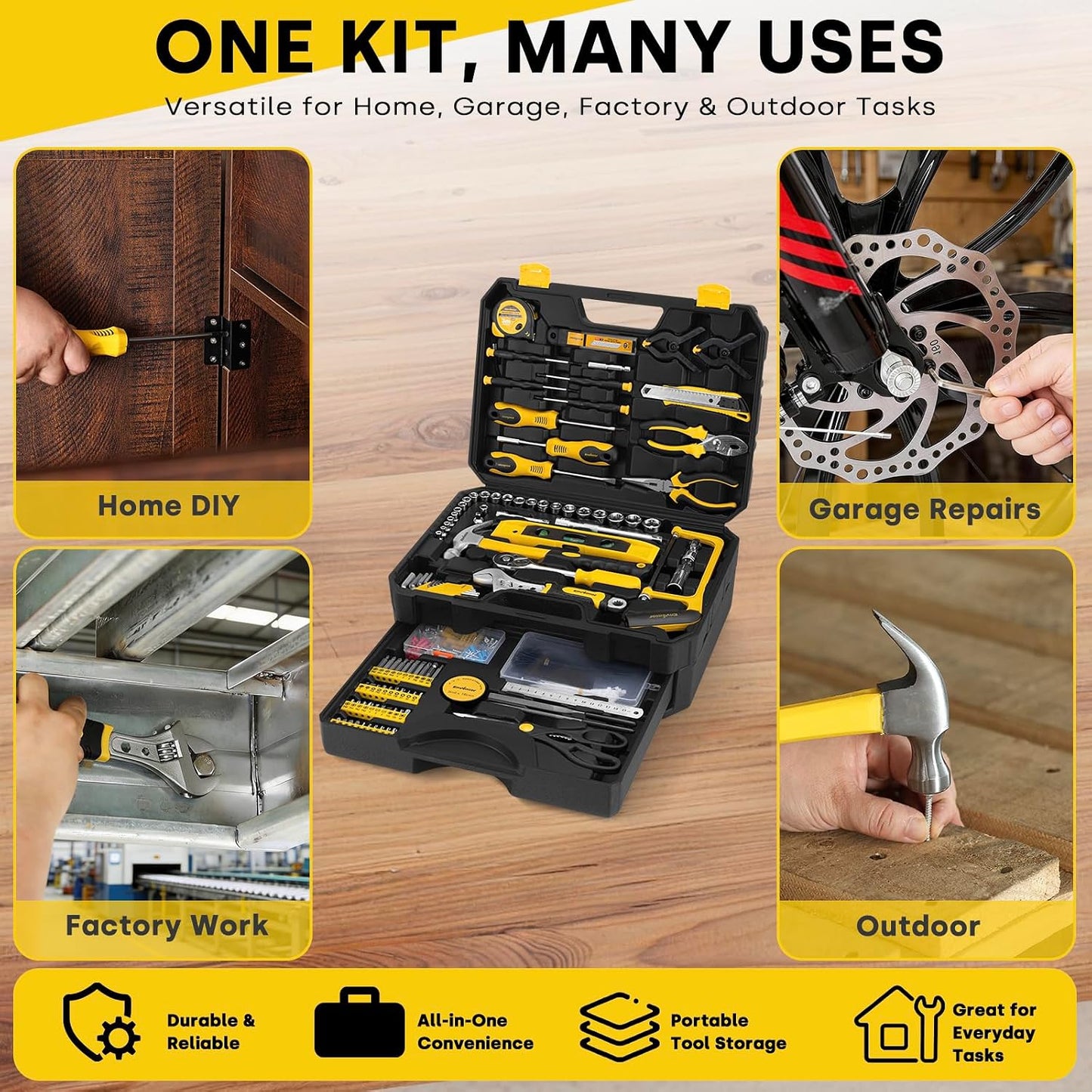 Enventor 419 PCS Home Tool Kit for DIY Repair, Home Maintenance with Drawer | General Home Auto Repair Tool Set Toolbox 3-Layer Organized Storage for Handyman, Homeowner