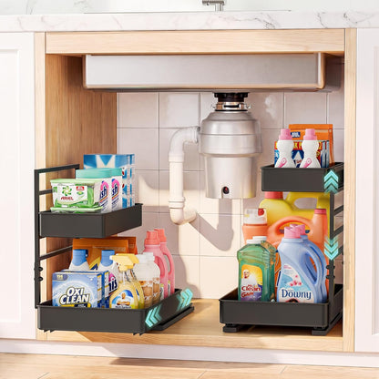 EVERIE Height Adjustable 2 Tier Metal Pull Out Slide Shelf Organizer for Under Sink Cabinets in Kitchen, Bathroom, with Snap-on Top Tray, 16" Deep (Black, 2 Sets) | Pull Out