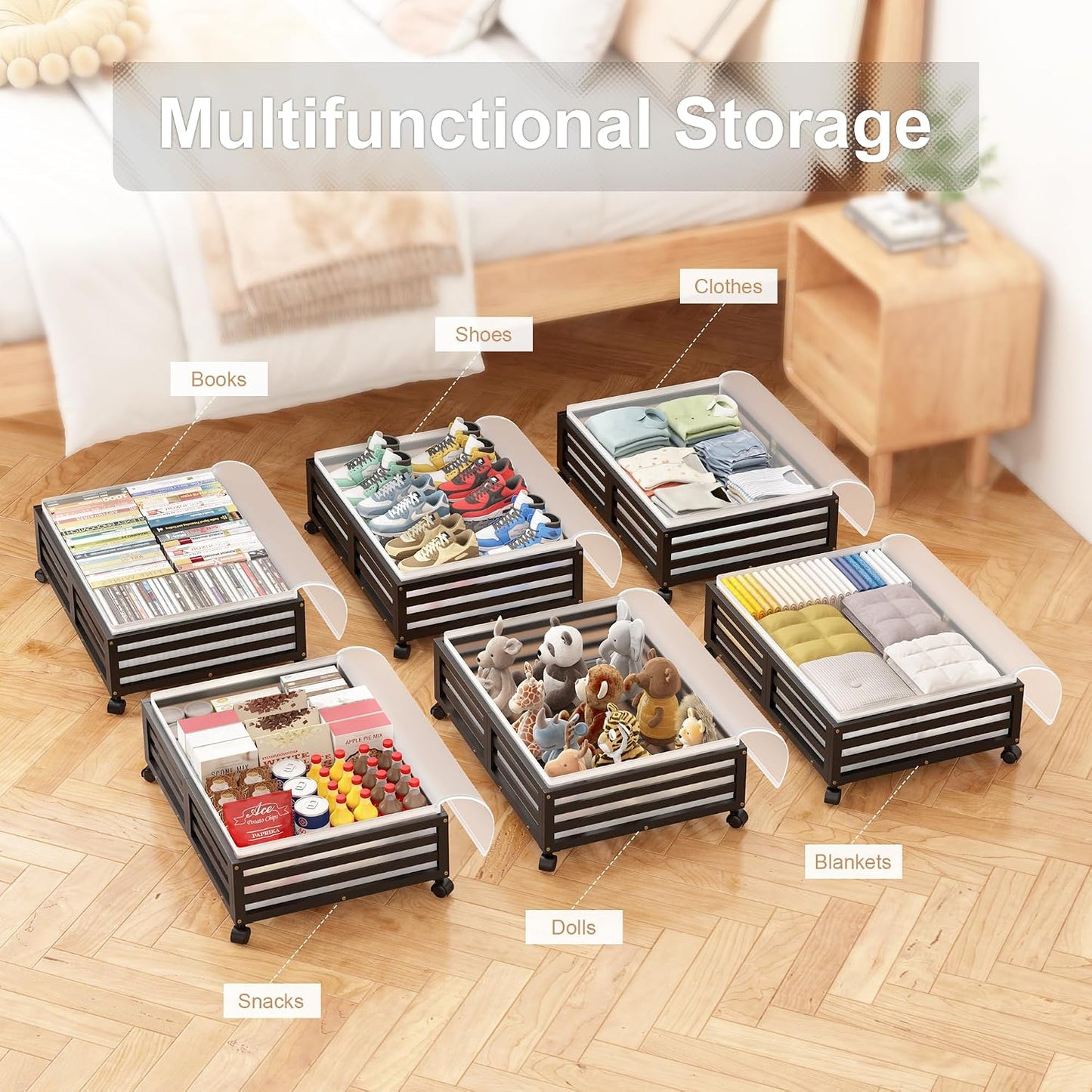Under Bed Storage Containers With Wheels - 2 Pcs Bamboo Wood Rolling Underbed Shoe Storage Bins With Dust Bags for Clothes Blankets, Duvet Covers Snacks Toys (Natural)