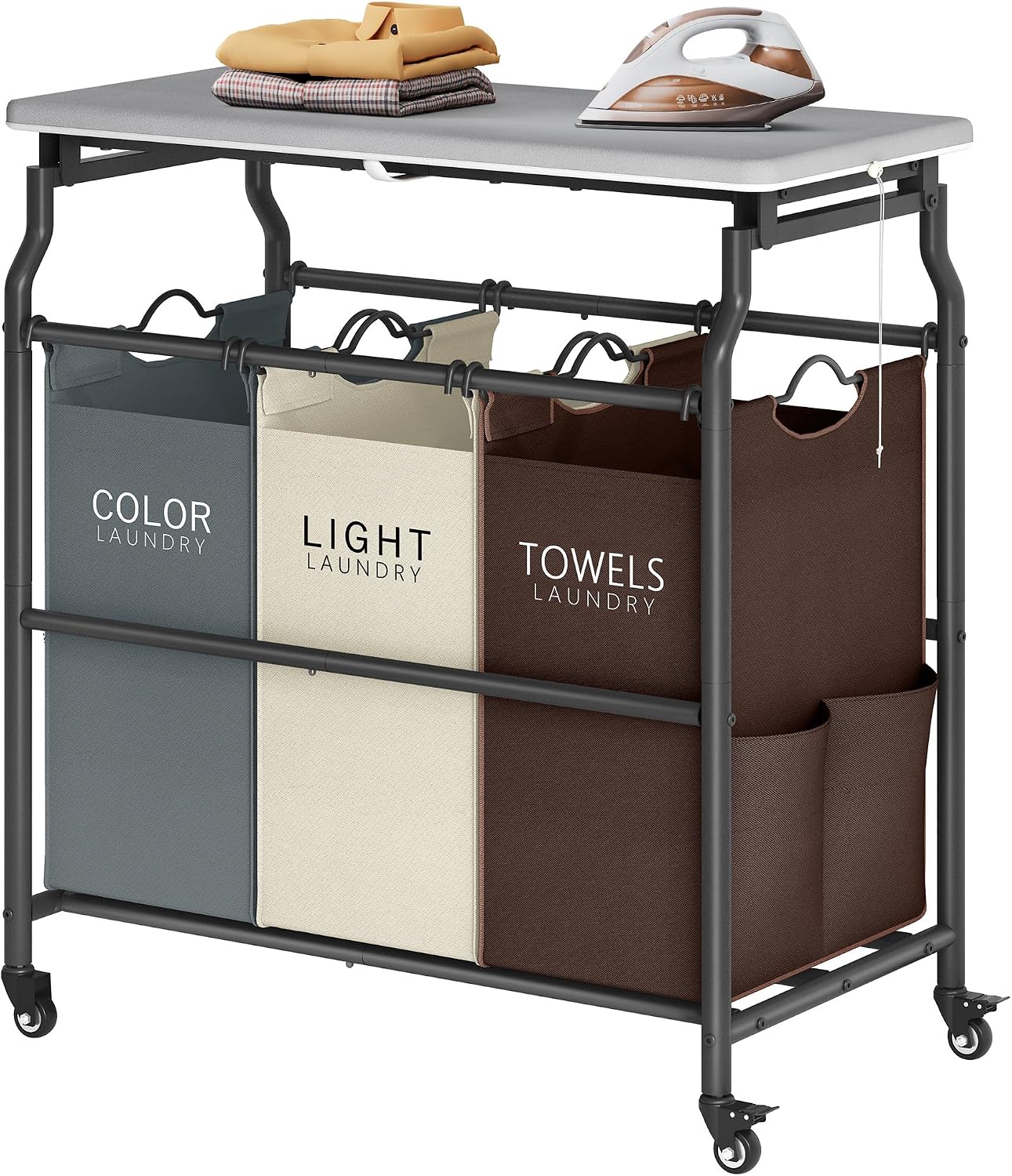 Hoctieon 3 Section Laundry Sorter Cart with Ironing Board, Laundry Hamper with Shelf and Rolling Wheels, Heavy Duty Laundry Basket Organizer, Large Clothes Separator Hamper with Removable Bags, Black