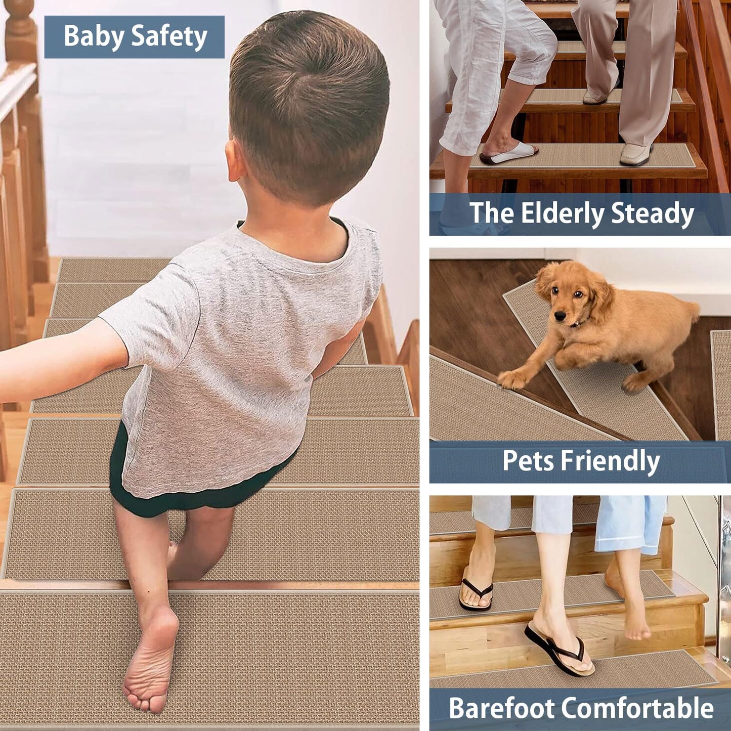Peel and Stick Carpet Stair Treads for Wooden Steps Set of 15, Non Slip Adhesive Jute Stair Mats Indoor, Rubber Backing Safety Step Pads Mats, Grey, 8"x30"