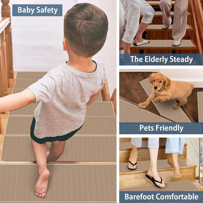 Peel and Stick Carpet Stair Treads for Wooden Steps Set of 15, Non Slip Adhesive Jute Stair Mats Indoor, Rubber Backing Safety Step Pads Mats, Grey, 8"x30"