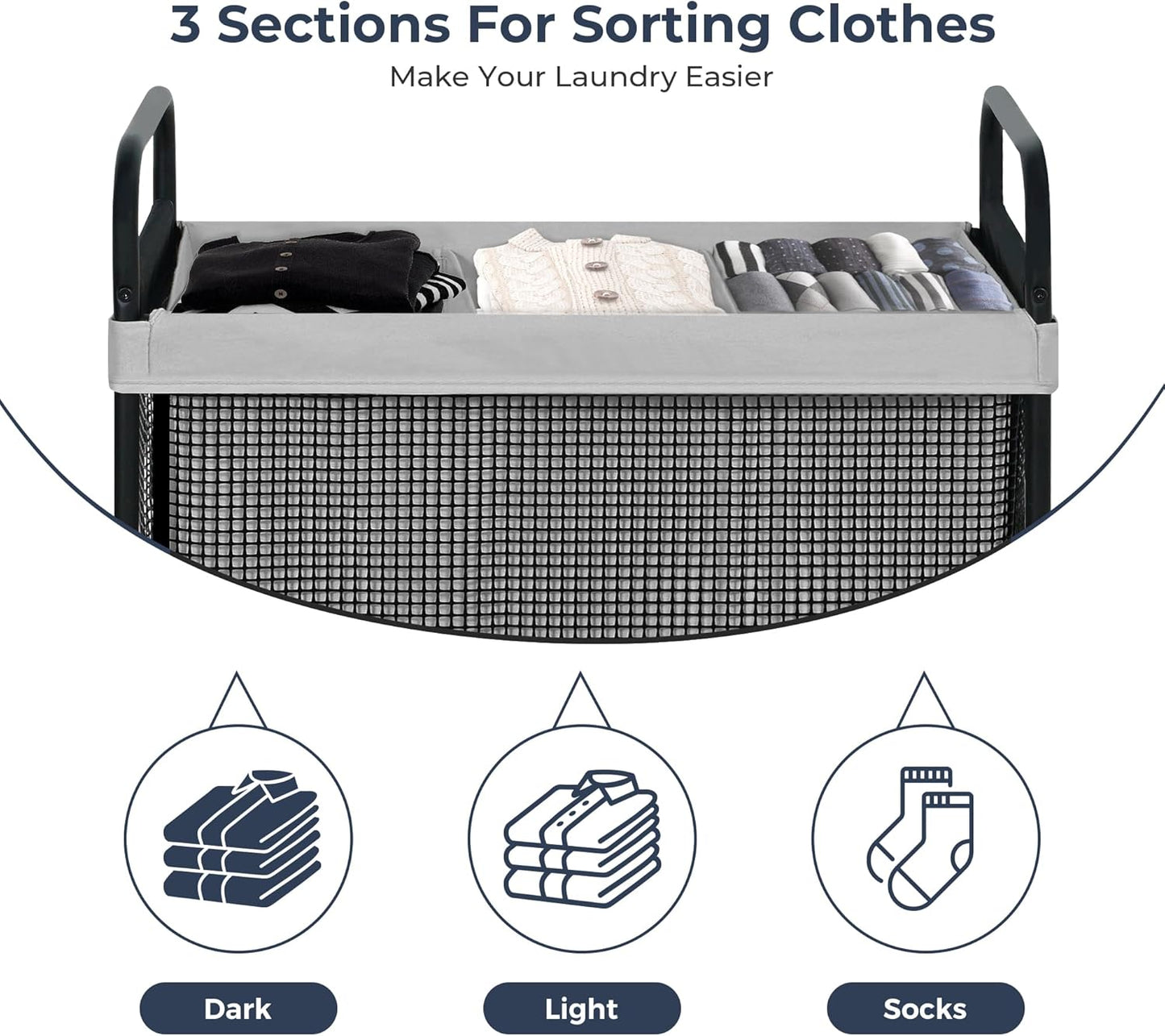 STO STO Laundry Hamper 3 Section, 120L Rolling Laundry Sorter Cart with Removable and Washable Liner Bag, Clothes Hamper with Wheels and Metal Handle for Laundry Room and Bedroom