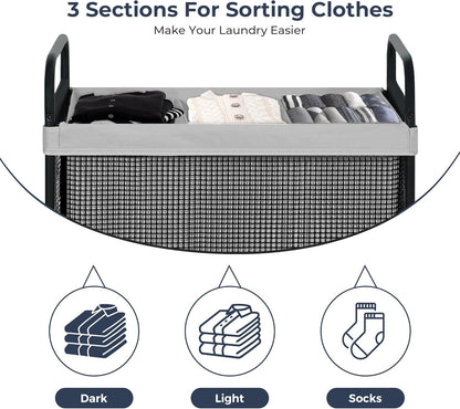 STO STO Laundry Hamper 3 Section, 120L Rolling Laundry Sorter Cart with Removable and Washable Liner Bag, Clothes Hamper with Wheels and Metal Handle for Laundry Room and Bedroom