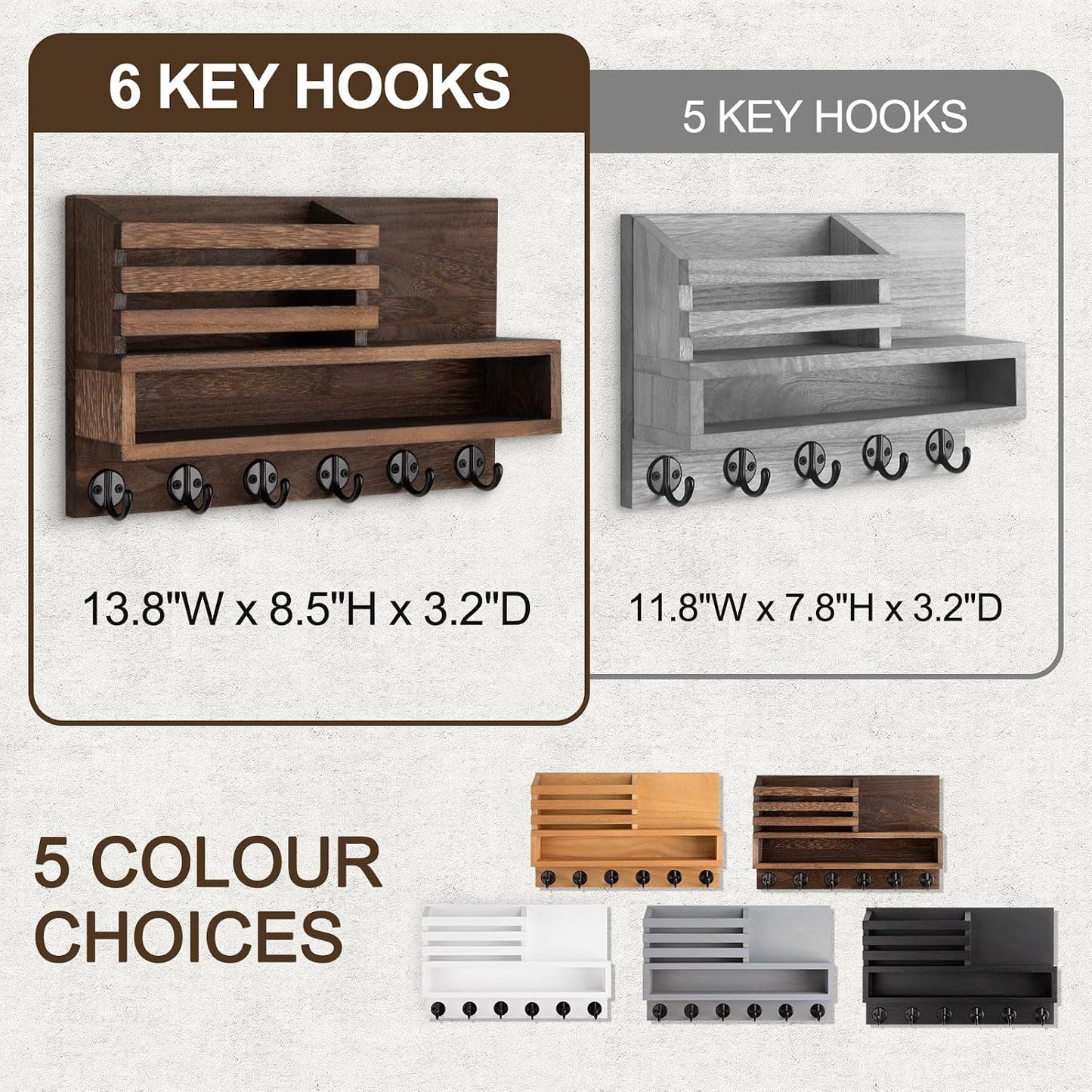 Key and Mail Holder Wall Mount, Key Hanger with Long Storage Box and 5 Hooks for Coat, Dog Leash, Home Decor Rack, House Accessories, Entry Way Organizer 11.8”W x 7.8”H x 3.2”D