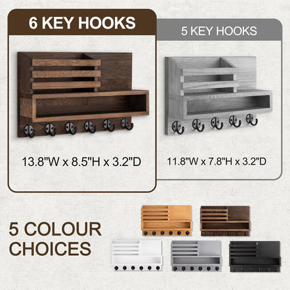 Key and Mail Holder Wall Mount, Key Hanger with Long Storage Box and 5 Hooks for Coat, Dog Leash, Home Decor Rack, House Accessories, Entry Way Organizer 11.8”W x 7.8”H x 3.2”D