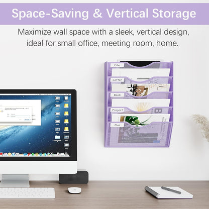 EasyPAG 5 Pocket Mesh Wall File Organizer with Key Hooks, Hanging Paper Folder Holder with Classify Label, Vertical Wall Mount Mail Organizer for Office Home Classroom, Black