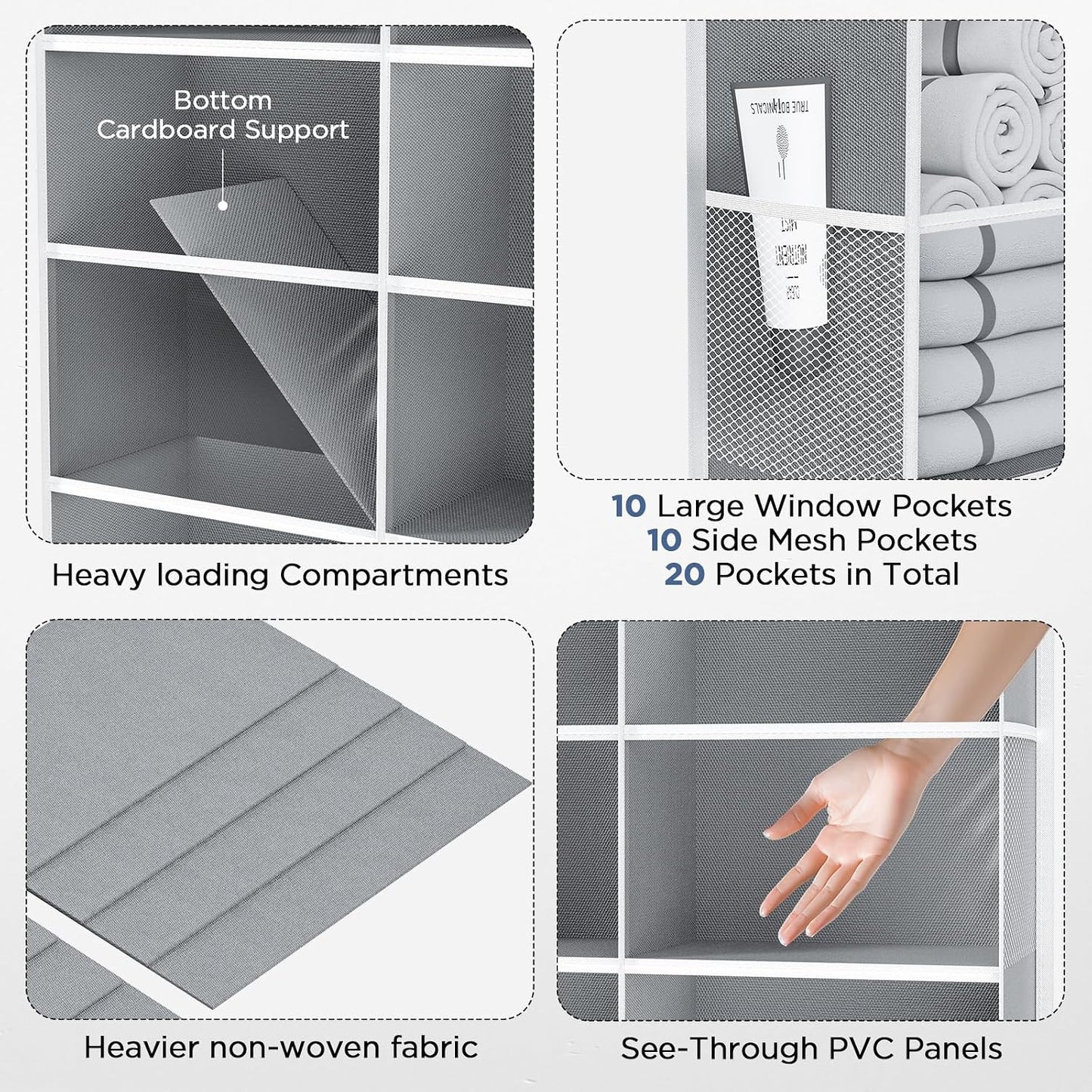 PureSpace 5-Tier Over the Door Organizer, 10 Side Mesh Pockets & Clear Windows, 80LBS Heavy Duty Hanging Storage for Baby Diapers, Shoes, Toys – Ideal for Nursery, Bathroom, Bedroom, Pantry (Grey)