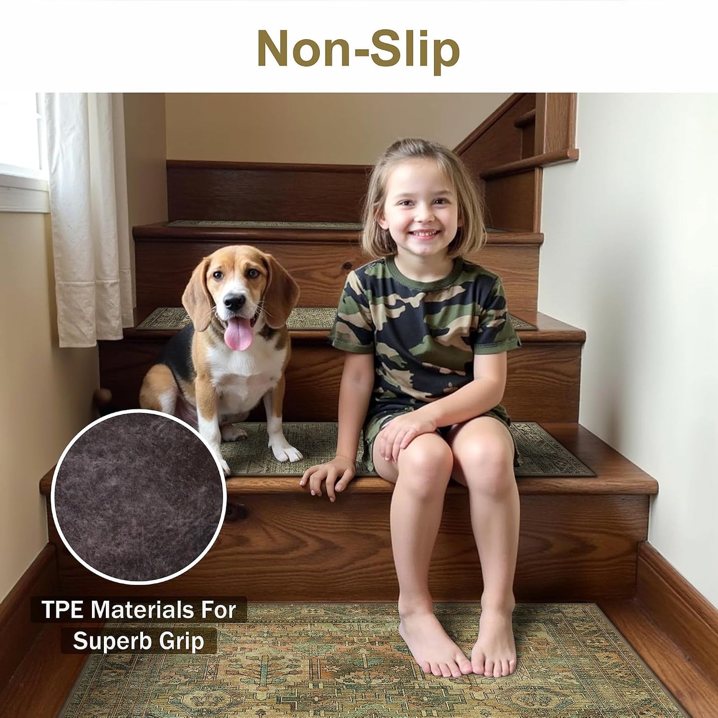 sarben Non Slip Stair Treads for Wooden Steps 15PCS - 8"x30" Indoor Safety Carpet, Edging Mats with TPE Adhesive Backing, Pet and Elderly Friendly Stair Rugs (Taupe) - Colors B