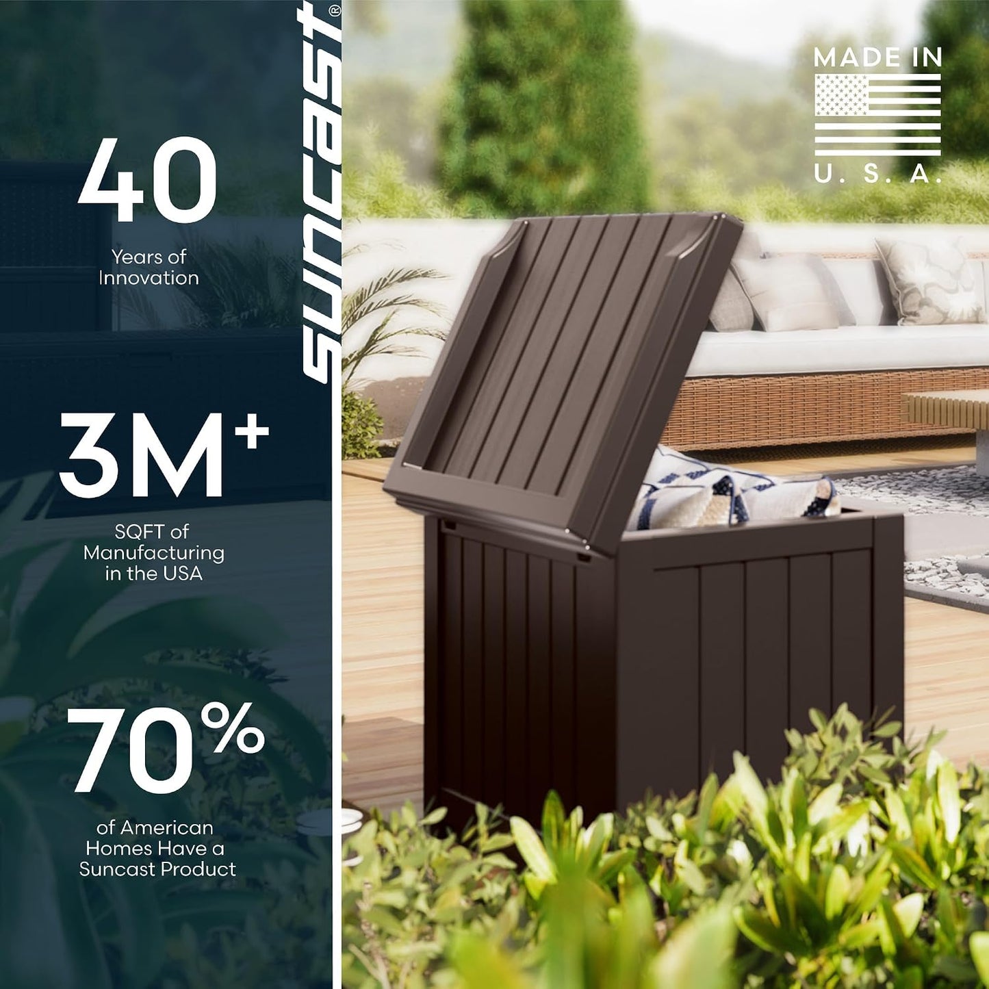 Suncast Outdoor Deck Box - 22 Gallon Java Resin Outdoor Storage Box, Weatherproof Patio Storage Bin Container for Seating & Organizing Cushions, Tools & Towels for Pool, Yard, & Garden