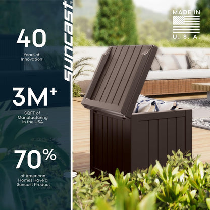 Suncast Outdoor Deck Box - 22 Gallon Java Resin Outdoor Storage Box, Weatherproof Patio Storage Bin Container for Seating & Organizing Cushions, Tools & Towels for Pool, Yard, & Garden