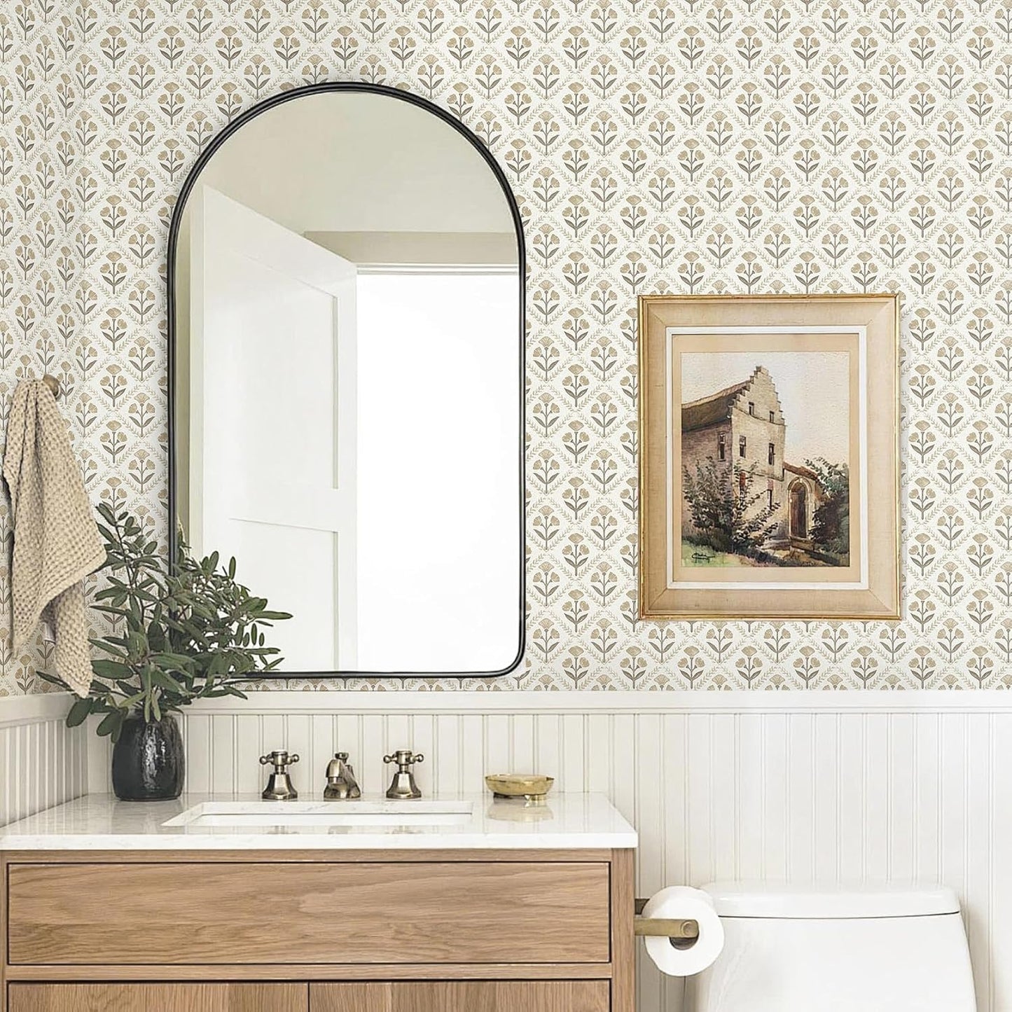 Dimoon 17.3''x78.7'' Peel and Stick Wallpaper Floral Cute Contact Paper Vintage Village Country Cottage Wallpaper Farmhouse Yellow Beige Renter Friendly Geometry Waterproof Embossed Kitchen Bedroom