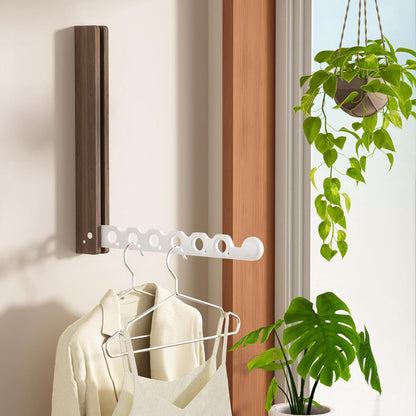 Natural Wood Folding Clothes Hanger Rack for Laundry Room, Wall Mounted Clothes Drying Rack, Laundry Drying Rack Foldable, Perfect for Small Spaces, Walnut Wood Black