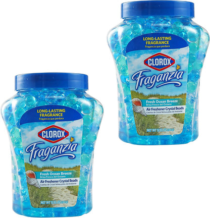 Clorox Fraganzia Crystal Beads Air Freshener, Long Lasting Room Deodorizer and Odor Eliminator Gel Beads to Freshen Home, Car, or Office, Fresh Ocean Breeze Scent, 12 Fl Oz - 2 Pack