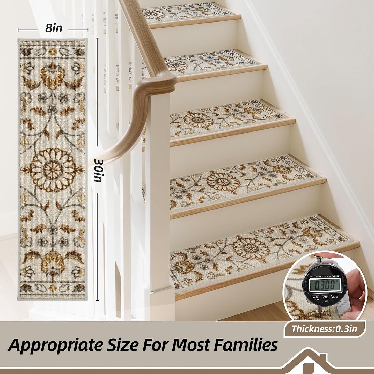 BEQHAUSE Stair Treads for Wooden Steps Non-Slip Machine Washable Carpet Stair Treads 8"X30" Soft Indoor Stair Runner for Kids Elders and Pets, 100% Polyester, TPE Backing, 15pcs, Grey/Orange