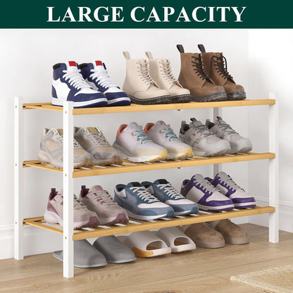 Smiry Bamboo Shoe Rack for Closet, 3 Tier Wooden Shoe Organizer, Stackable Wood Shoe Storage Shelf for Entryway, 14 Vertical Slats, One-piece Heavy-Duty Legs, 26.77"x11.02"x18.31", Natural