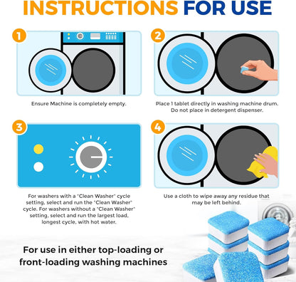 Bastion Washing Machine Cleaner, Deodorizer, & Descaler 6-Pack - Active Deep Cleaning Tablets For HE Front Loader & Top Load Washer, Septic Safe Eco-Friendly - 3 Month Supply