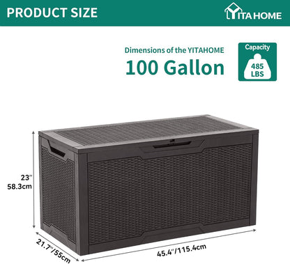 YITAHOME 100 Gallon Large Outdoor Deck Box | Waterproof Resin Storage Box, Lockable Indoor Outdoor Storage Container for Patio Furniture Cushions, Pool Accessories