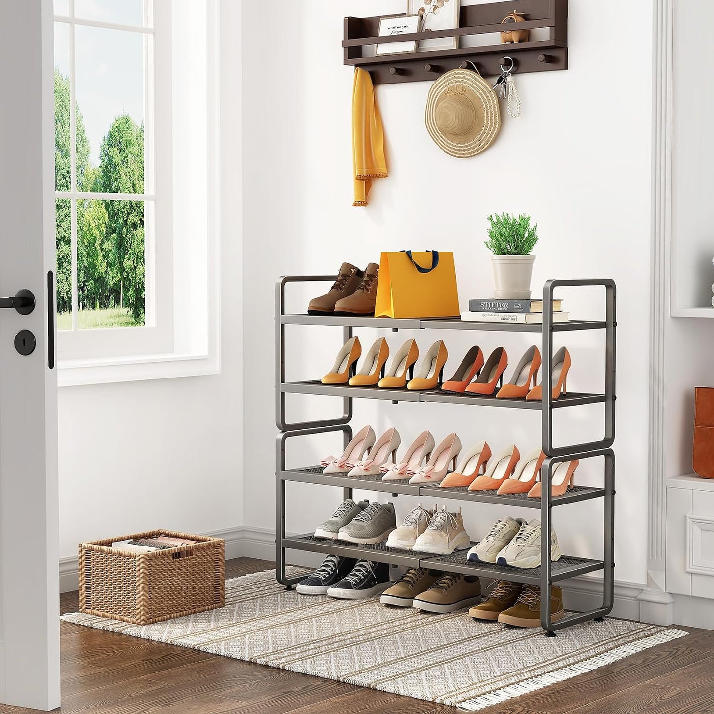 SNTD Shoe Rack - Expandable Shoe Organizer for Closet, Adjustable Metal Shoe Shelf Storage, Stackable Long Shoe Stand Holder for Garage, Entryway, Door Entrance (Black, 2-Tier)