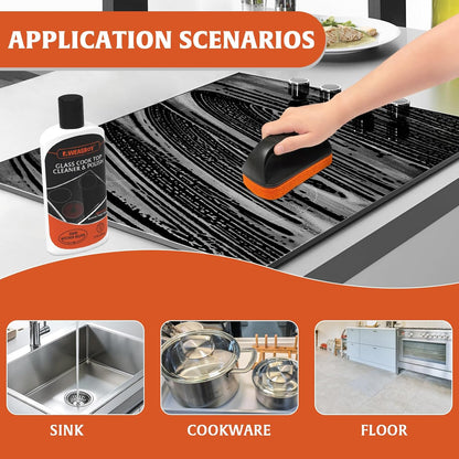 AWEASROY Glass Stove Top Cleaner Kit 12 oz, Cooktop Cleaner and Polish Non-Abrasive No Scratch Removes Tough Stains, with Scrubbing Pad, Handle, Scraper, Cloth