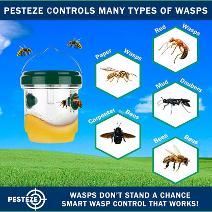 PESTEZE USA Reusable Solar Hanging Wasp Trap with LED Light [Green: 3.5 x 4.4 Inch] Attracts, & Stop Wasp, Hornet, Yellow Jacket & Insect Species 24/7 Without Harsh– Waterproof Outdoor Trap
