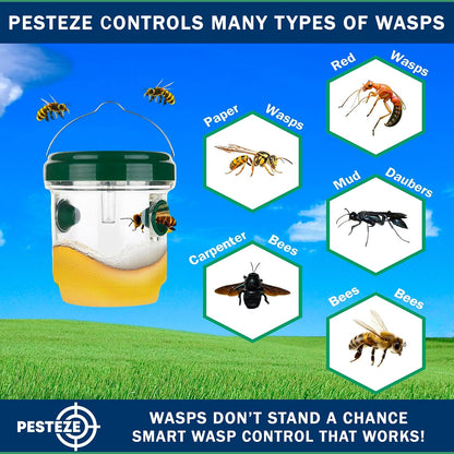 2 Pack PESTEZE Reusable Solar Hanging Wasp Trap with LED Light [Green Color: 3.5 X 4.4 Inch] Attracts, Catches Wasp, Hornet, Yellow Jacket & Insect Species 24/7. Waterproof & Durable