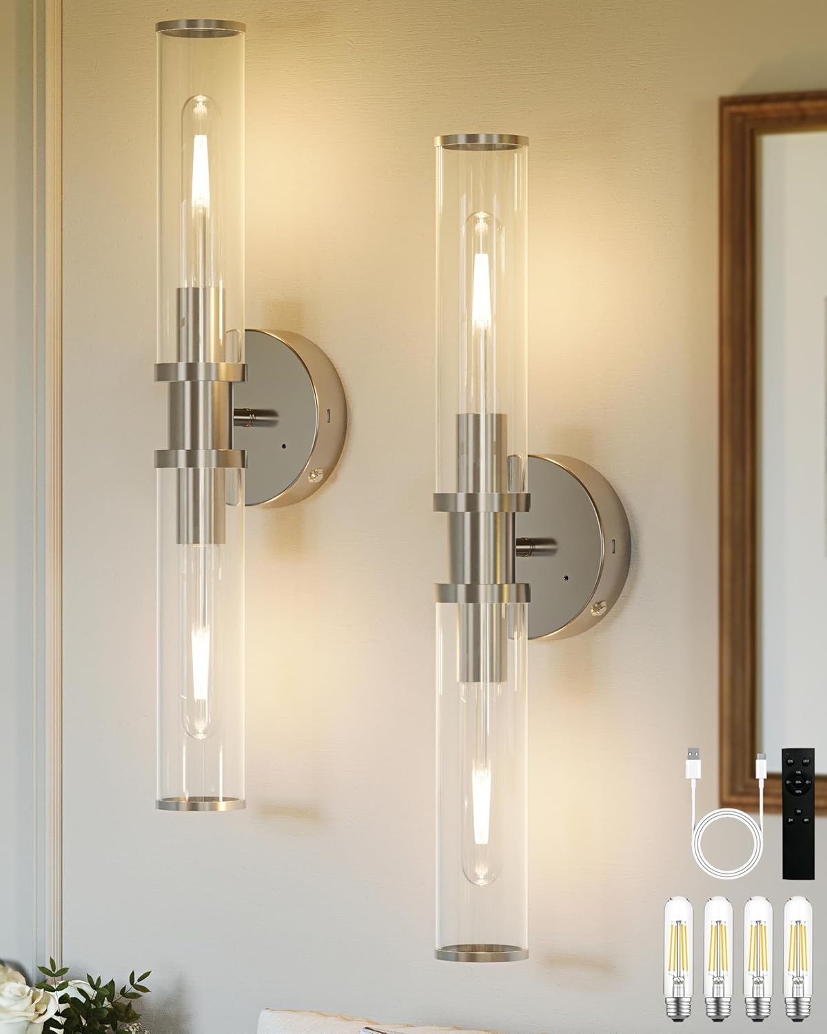 Wireless Wall Sconces with Remote Control, Battery Operated Wall Sconce Set of 2 with Timer, Gold Rechargeable Dimmable Glass Wall Lights for Living Room Bedroom Hallway Entryway 3000K, 20.5 Inch