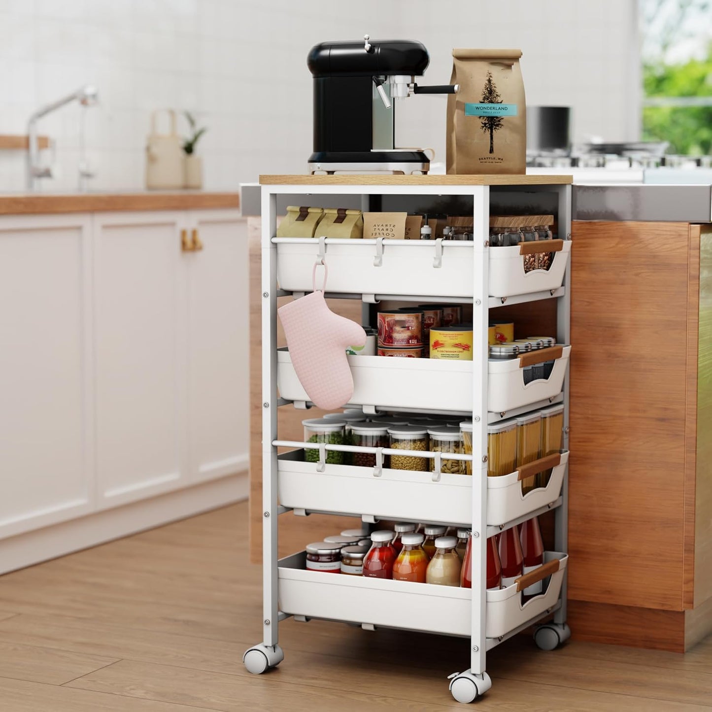 5-Tier Slim Storage Cart, Wooden Top Rolling Kitchen Cart with Pull-Out Baskets & Wheels, Narrow Space Utility Cart Slide Out Organizer for Kitchen, Bathroom, Laundry Room, White