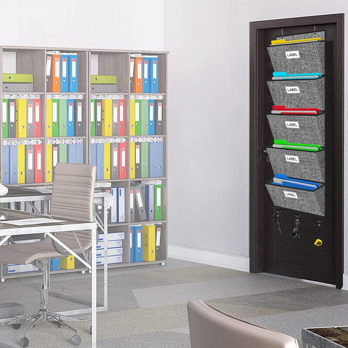 homyfort Over the Door File Organizer, Wall Hanging File Folders with 5 Large Pocket for Mails, Magazines, Back to School Supplies,Office Chart Storage, Paper Organization (Grey)