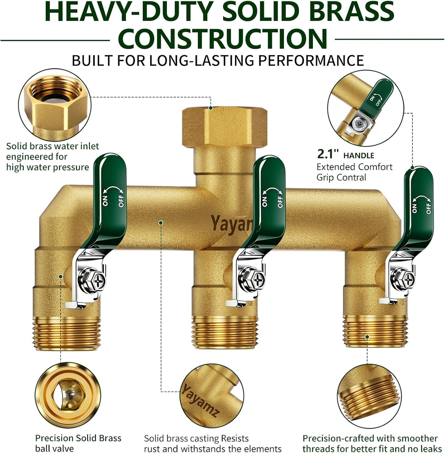 Garden Hose Splitter 3-Way, Heavy Duty Brass Hose Splitter | Outdoor Water Spigot Splitter, Full Flow, Long Handles, Shut-off Valves, Wide Spacing Fit Large Timer