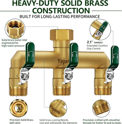Garden Hose Splitter 3-Way, Heavy Duty Brass Hose Splitter | Outdoor Water Spigot Splitter, Full Flow, Long Handles, Shut-off Valves, Wide Spacing Fit Large Timer
