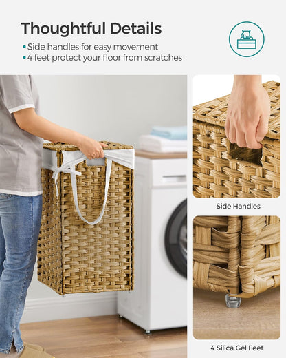 SONGMICS Laundry Hamper with Lid, 23.8 Gallon (90 L) Synthetic Rattan Clothes Laundry Basket with Lid and Handles, Foldable, Removable Liner, Chestnut Brown ULCB051K02