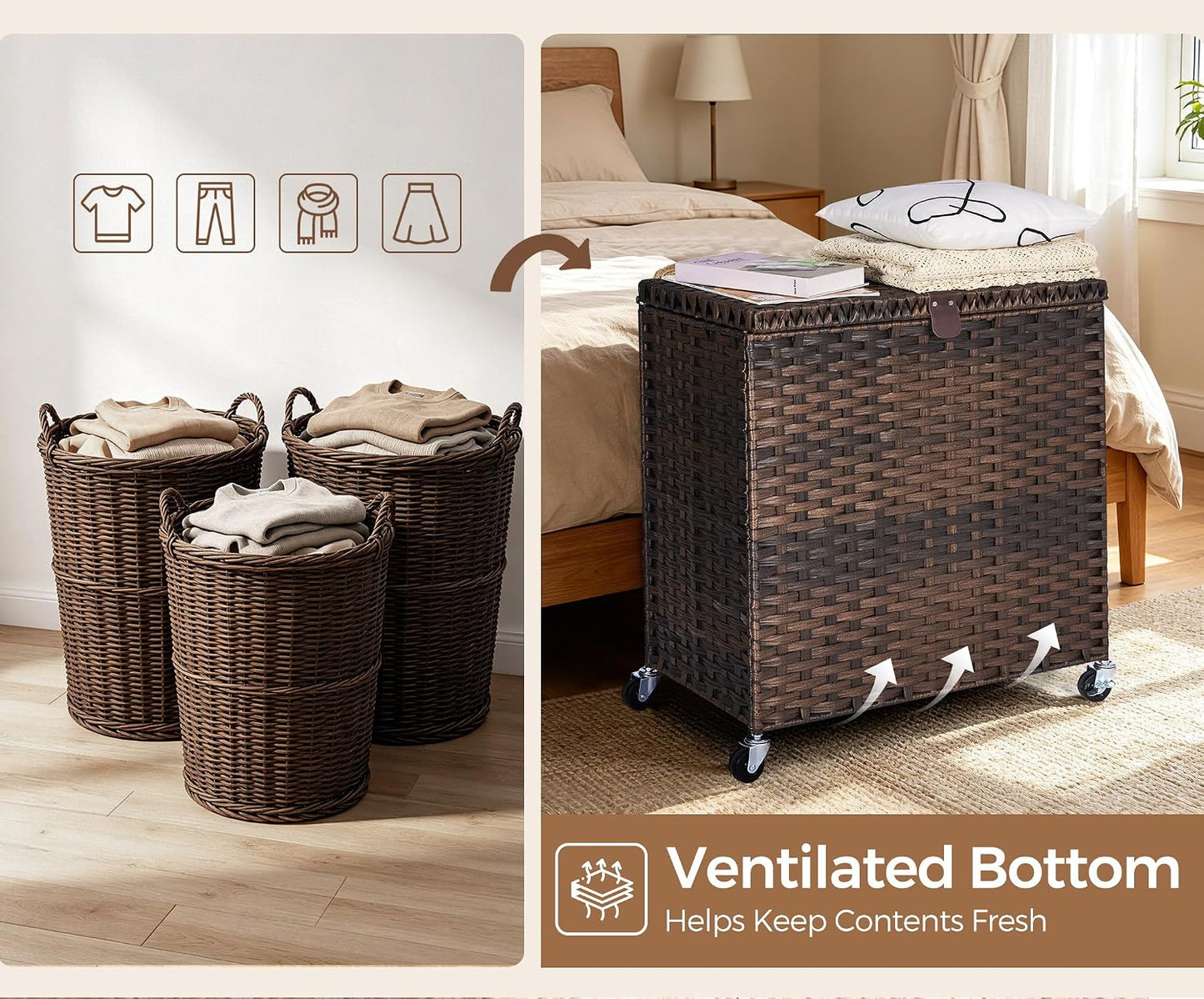 Wicker Laundry Hamper with Wheels and Lid, 3 Section Laundry Hamper with 3 Removable Liner Bags, 130L Laundry Basket with Metal Side Handles & 4 Mesh Laundry Bags, Rolling Clothes Hamper
