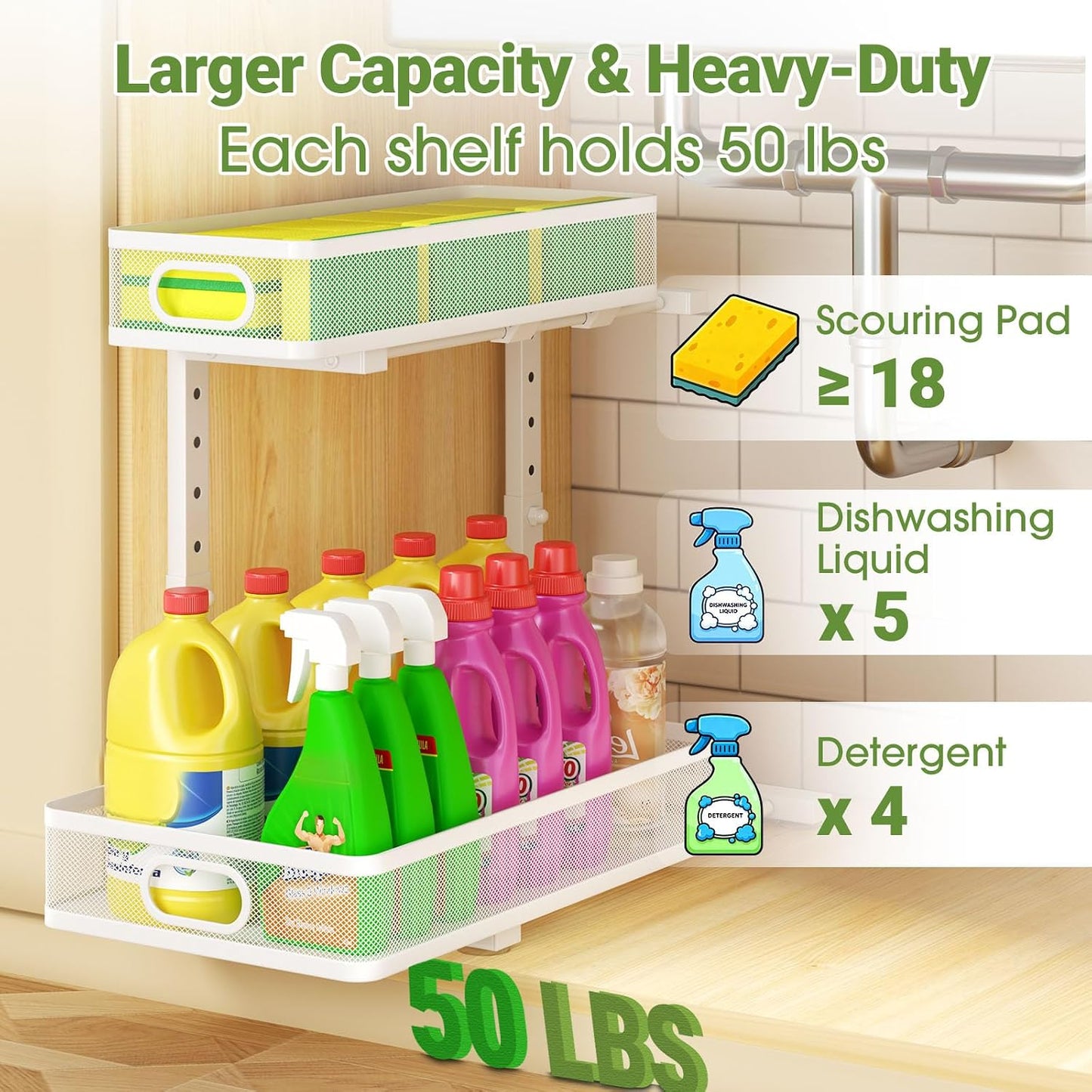 Under Sink Organizer 2-Pack, Metal 2-Tier Pull-Out Cabinet Shelf with Slide-Out Mesh Drawers, Height Adjustable, Space-Saving Under Sink Storage Racks for Kitchen, Bathroom, Laundry Room