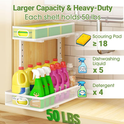 Under Sink Organizer 2-Pack, Metal 2-Tier Pull-Out Cabinet Shelf with Slide-Out Mesh Drawers, Height Adjustable, Space-Saving Under Sink Storage Racks for Kitchen, Bathroom, Laundry Room