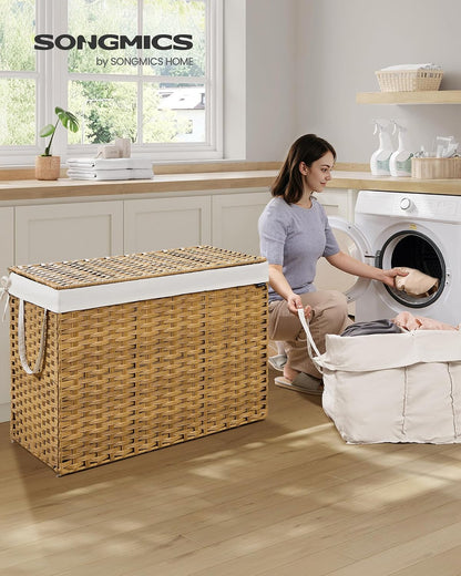 SONGMICS Laundry Hamper with Lid, 23.8 Gallon (90 L) Synthetic Rattan Clothes Laundry Basket with Lid and Handles, Foldable, Removable Liner, Chestnut Brown ULCB051K02
