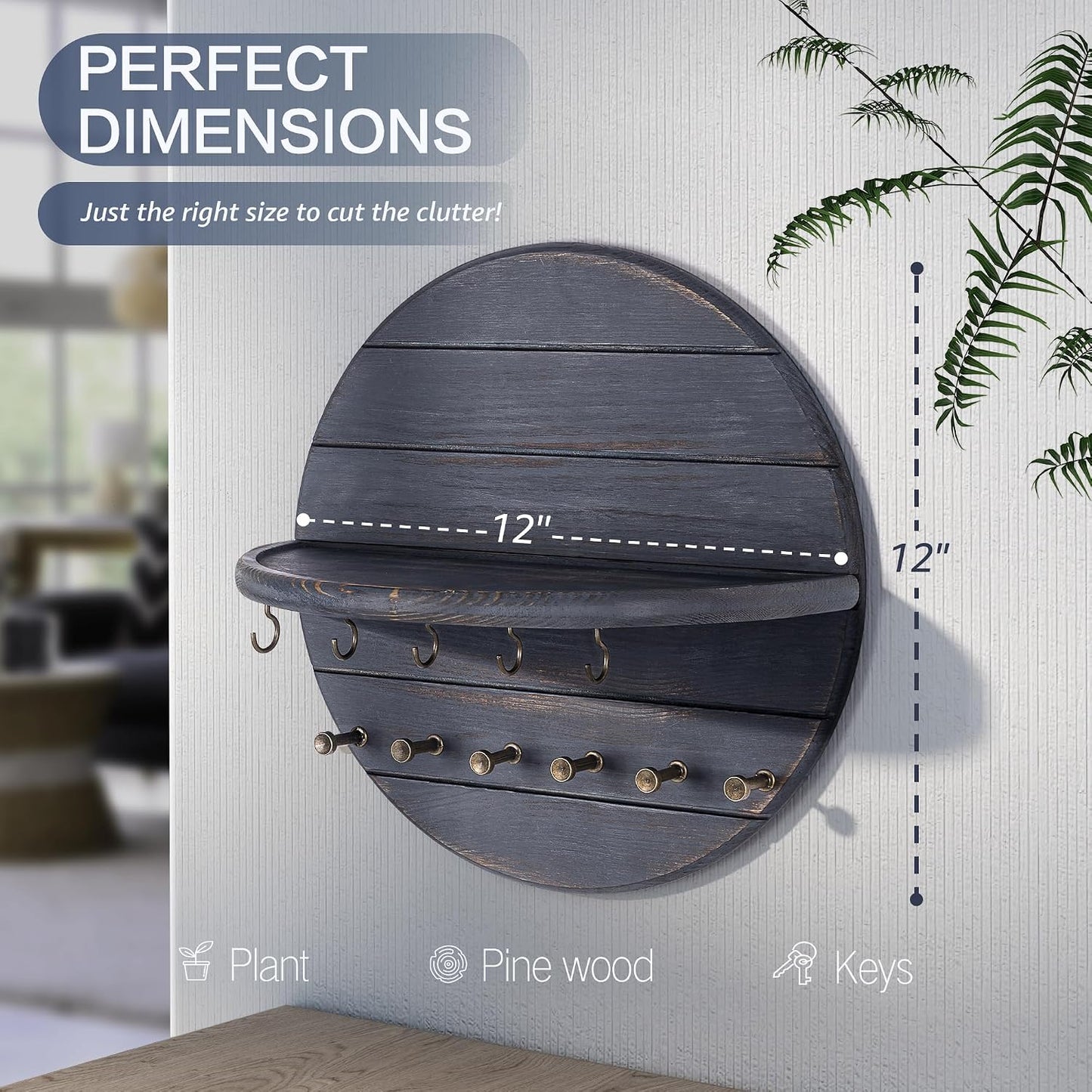 Rebee Vision Pine Wood Key Holder Wall Mount – Rustic Wooden Key Hooks for Wall with Shelf – Decorative Mail Organizer, Coat Rack & Dog Leash Holder for Home Decor, Entryway and Living Room (Brown)