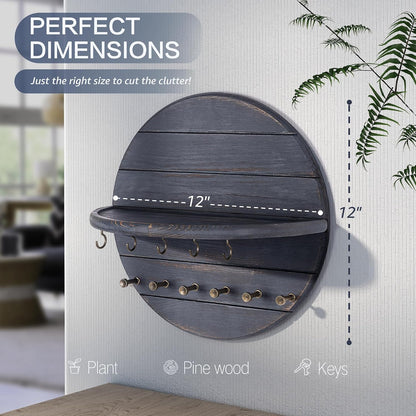 Rebee Vision Pine Wood Key Holder Wall Mount – Rustic Wooden Key Hooks for Wall with Shelf – Decorative Mail Organizer, Coat Rack & Dog Leash Holder for Home Decor, Entryway and Living Room (Brown)