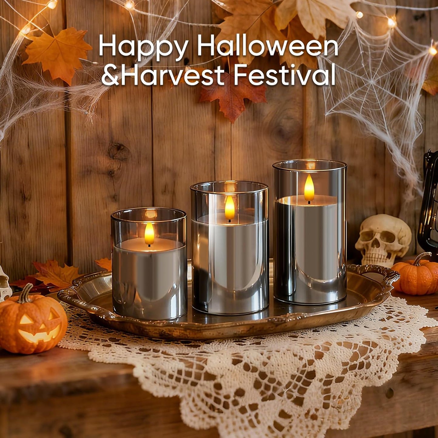 5plots Glass Battery Operated White Flameless Candles with Remote Timer, 3D Wick Real Wax Pillar Led Candles Warm Flickering Light for Indoor Home, Halloween, Christmas Decor, Set of 3, D3 x H4 5" 6"