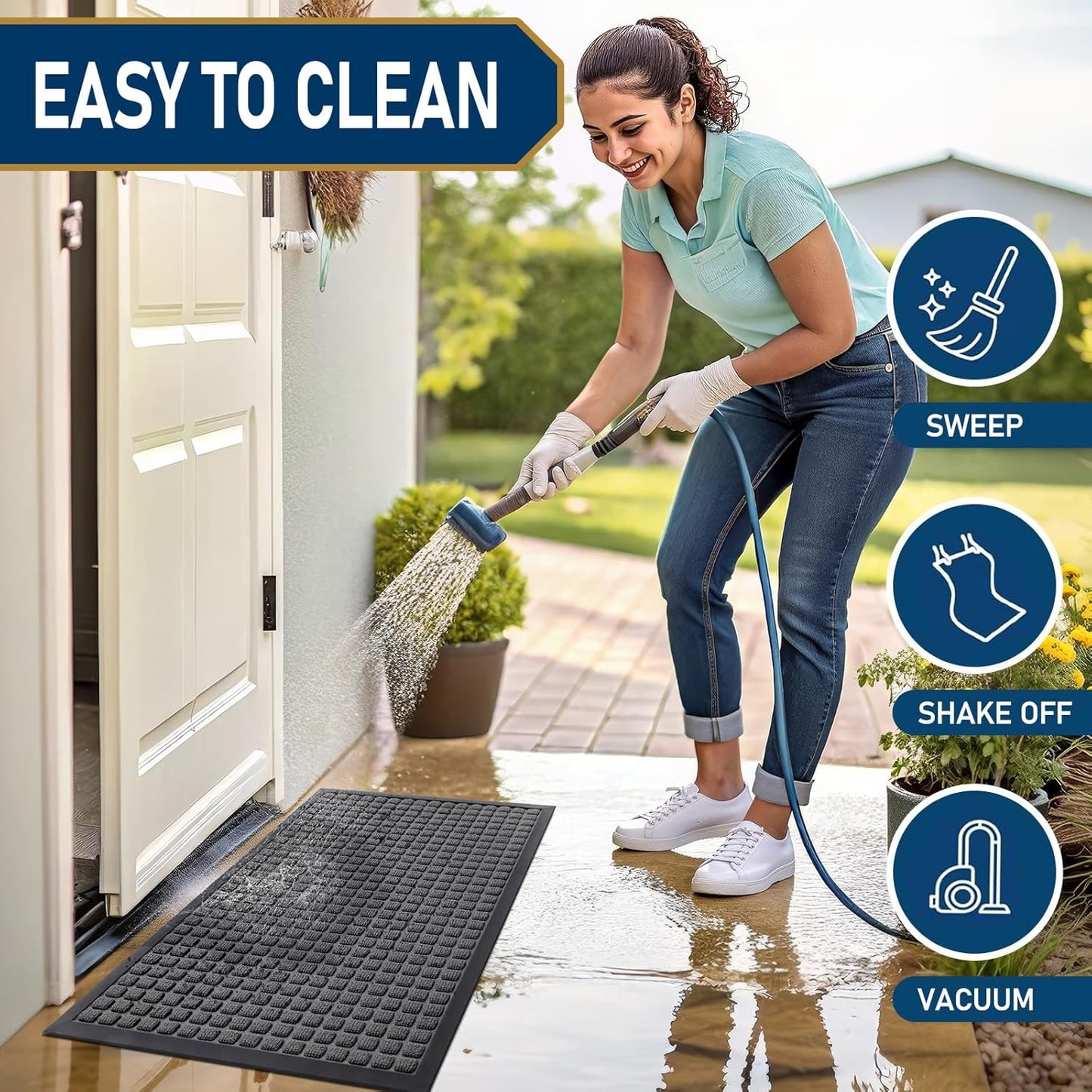 Smiry Front Door Mat Outside Entrance, Heavy Duty Natural Rubber Doormat, Non Slip, Trap Dirt and Moisture, Easy Clean, Low Profile Welcome Floor Mats for Indoor Outdoor Entry, 29.5x17 Inch, Black