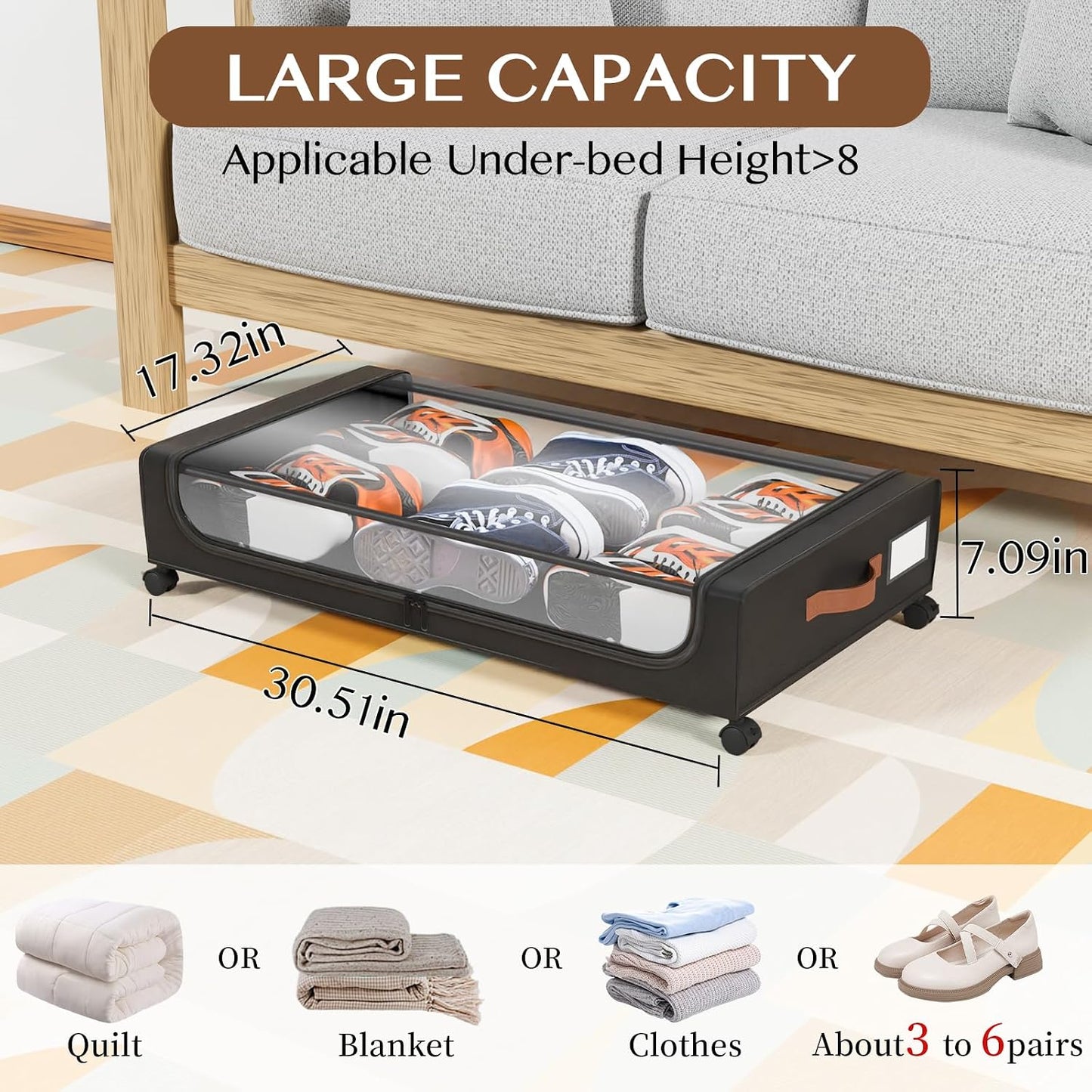 Under Bed Storage with Wheels, UnderBed Storage Containers with Clear Lid and Handles, XXL 60L Under the Bed Storage Bins Drawers for Clothes,Blankets,Shoes,Books (BLACK, 2 PACK)